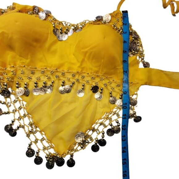 Yellow Belly Dancing Top Crocheted with Gold Beads Coins Halter Crop Top - Picture 4 of 7